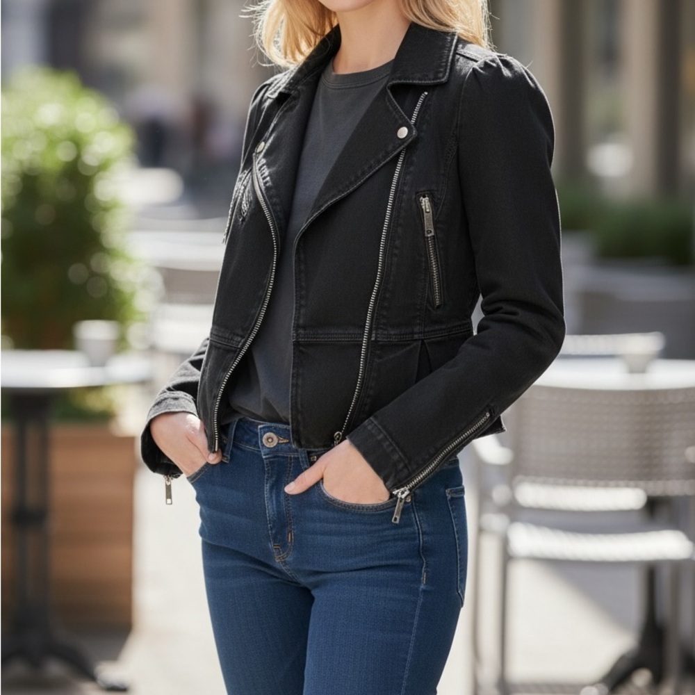 Burberry Black Leather Moto Jacket with Zip Details